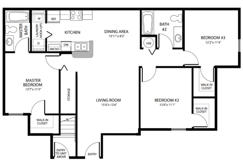 Floor plan for 3 beds, 2 baths, 1092 sqft
